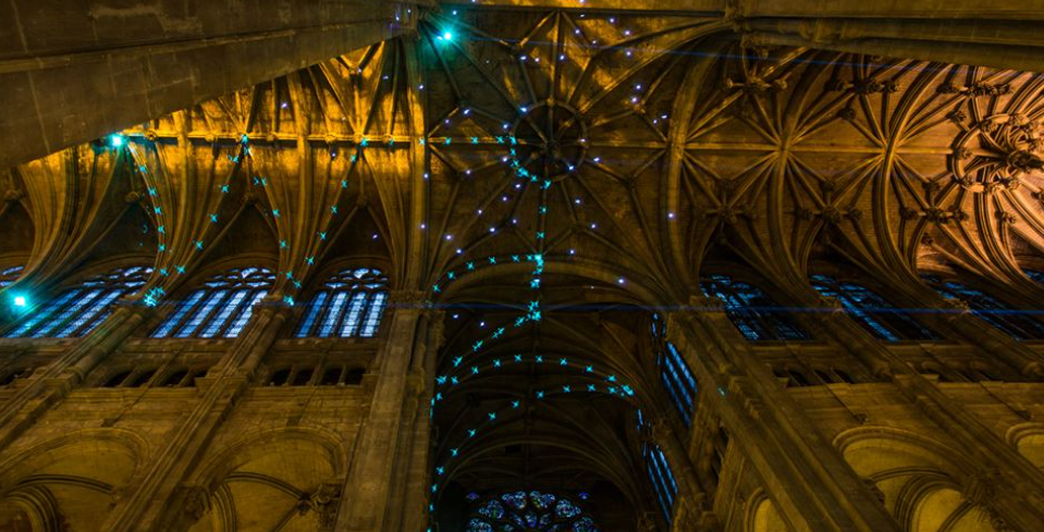 Immersive light installation inside a cathedral
